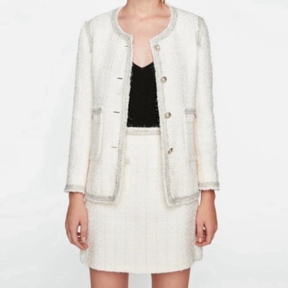 ZARA Ivory White Cream Silver Tweed Fringe Pearl Button Mini Skirt - Picture 2 of 9